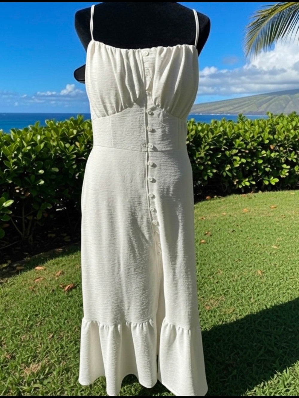 White Button-Front Spaghetti Strap Midi Dress (011)
